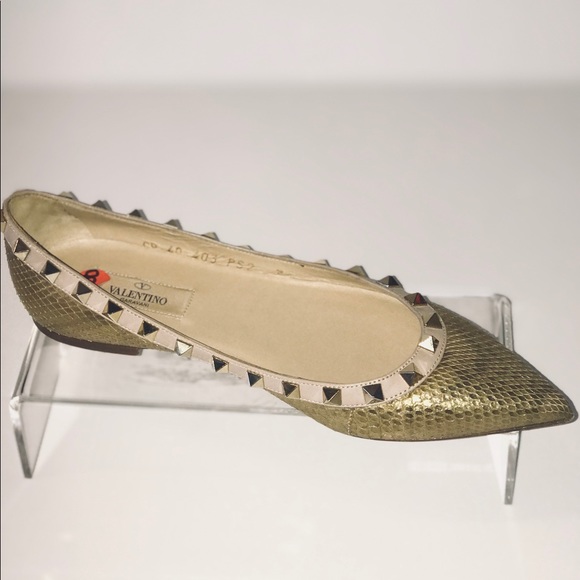 Valentino Rock Stud Metallic Gold Snake Skin Flats - Picture 2 of 5